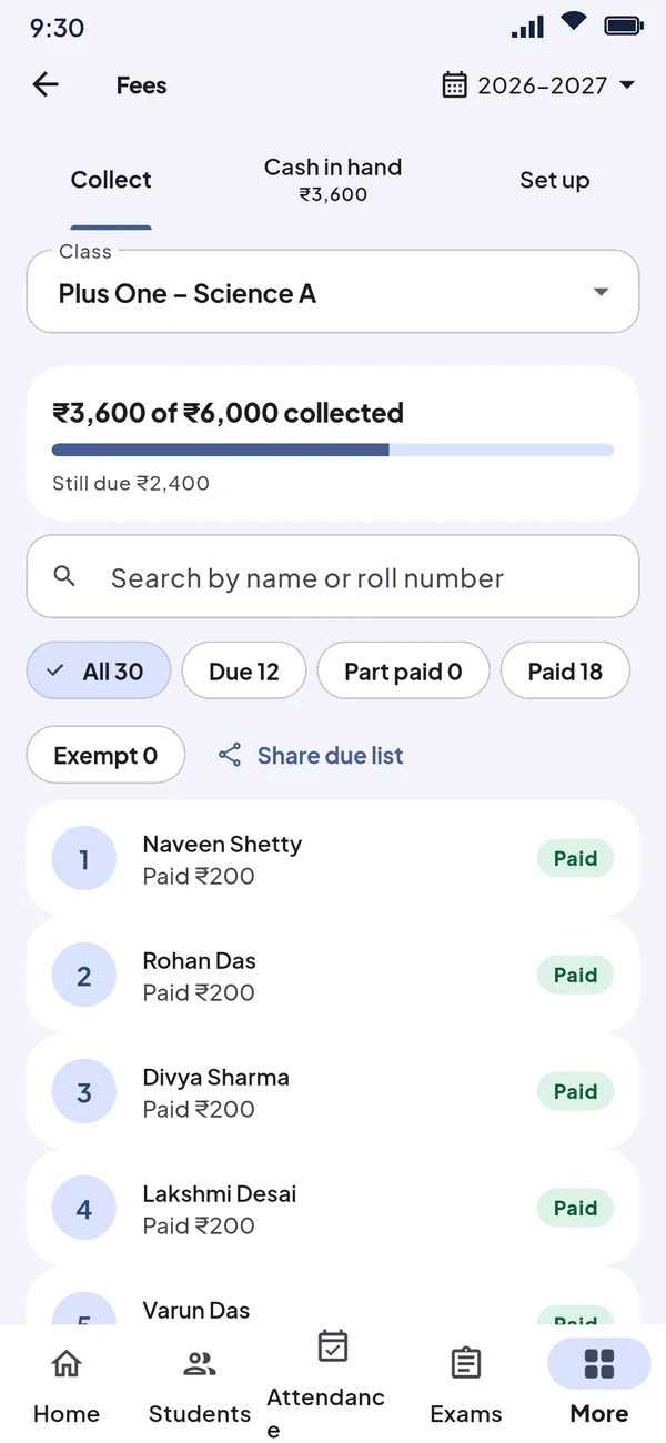 Fees screen: ₹3,600 of ₹6,000 collected for the PTA fund, with each student marked paid or due