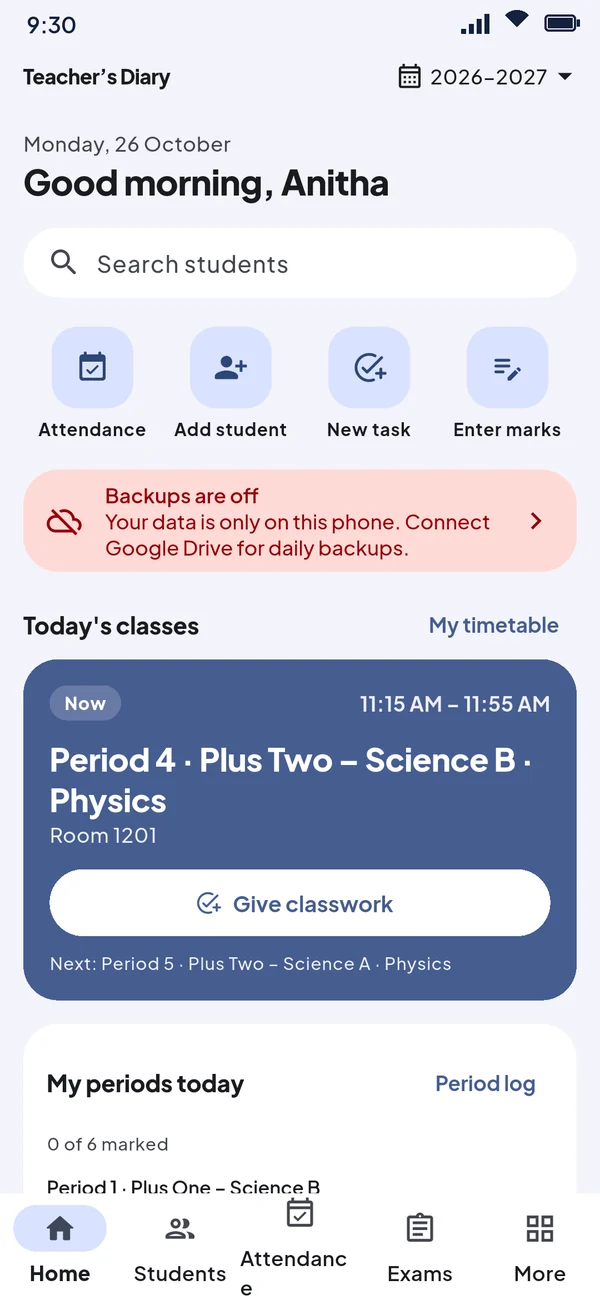 Teacher’s Diary home screen with quick actions and the period that is on now